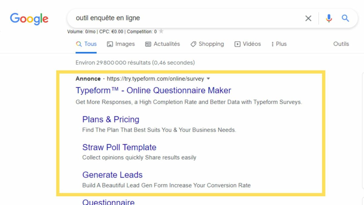Google ads - réseau de recherche exemple